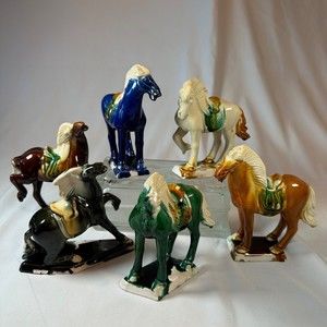Vtg Lot of 6 Chinese Tang Dynasty Drip Style Glaze Ceramic War Horse Figurines